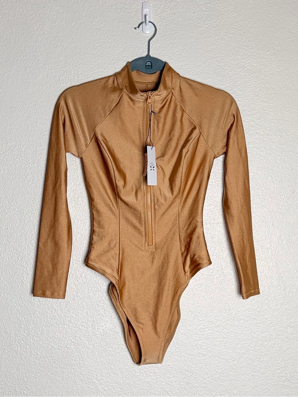 New Free People GIGI C Gold One Piece Zip up Swimsuit Size M